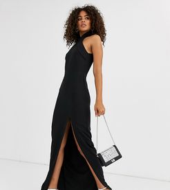 high neck maxi dress with thigh split in black