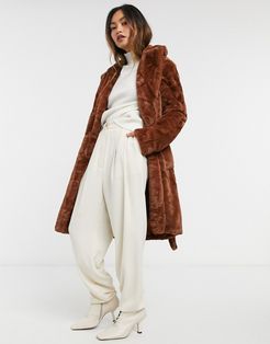 faux fur coat with tie waist in brown