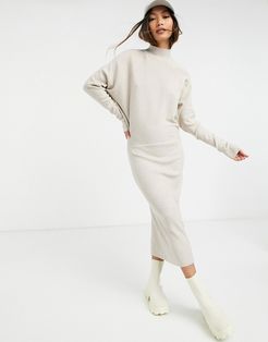 knit midi dress with high neck and long sleeves in cream-Beige