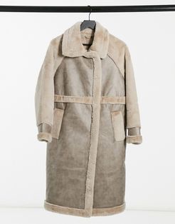 longline faux fur coat with panelled detail in beige-Neutral