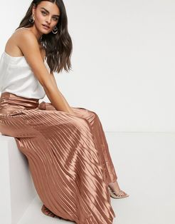 pleated satin maxi skirt in bronze-Brown