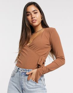 ribbed wrap top in brown