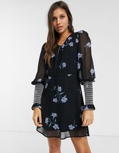 havana shirred floral mini dress-Black