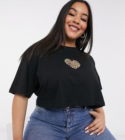 relaxed crop t-shirt with leopard heart print-Black