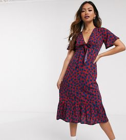 midi dress with tie front in smudge floral print-Red