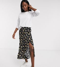 midi skirt with asymmetric hem in ditsy floral-Black
