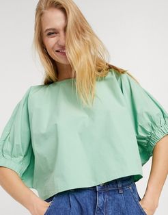 Cece organic cotton cropped balloon sleeve blouse in sage green