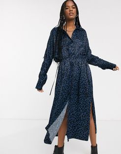 dot print shirt dress in blue-Black