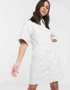 Savanna faux-leather mini shirt dress in off white