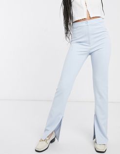 straight leg split hem pants in light blue-Blues