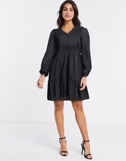 cotton smock dress with pintuck detail in black