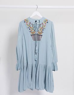 embriodered smock dress in blue-Blues
