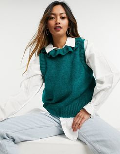 knitted vest with drop armhole and frill neck in green