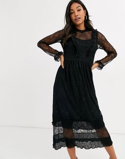 lace midi dress with ruffle detail in black