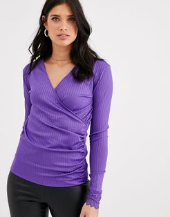 long sleeve lace trim wrap top-Purple
