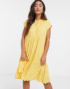 mini smock dress with ruffle detail in yellow floral