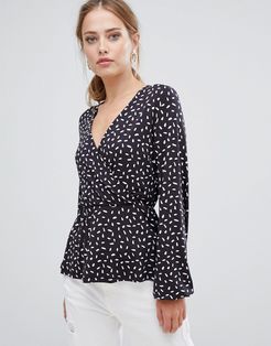 Mirella patterned wrap blouse-Black