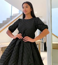 smock dress with puff sleeve in black jacquard