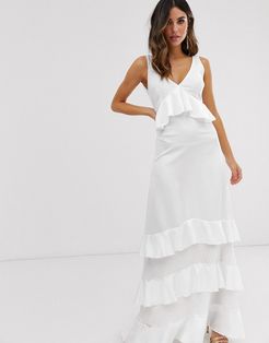 Ruffle Maxi Dress With Lace Inserts-White