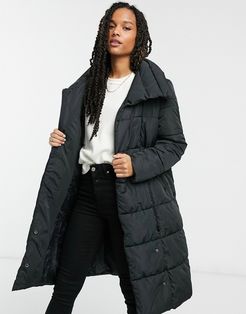 Salina large collar long padded jacket in black