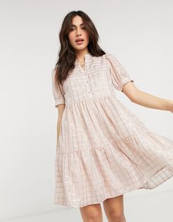 smock mini dress in metallic pink check