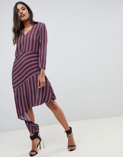 stripe midi dress with asymmetric hem-Multi