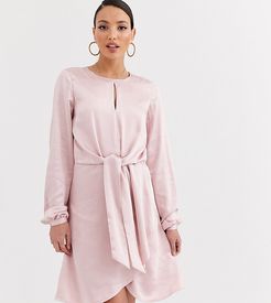 Oichi long sleeve knot front satin mini dress-Pink