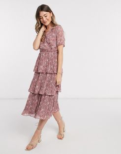 tiered midi dress in pink floral-Multi