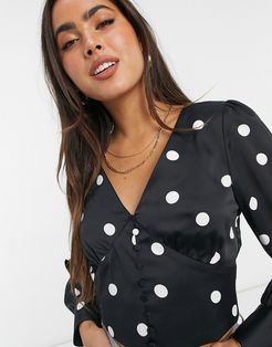 v neck blouse with button detail in black and white polka dot-Multi