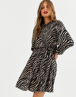 zebra print high neck dress-Black