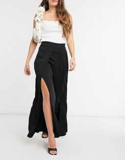 tailored high-waisted wide leg slit pants in black