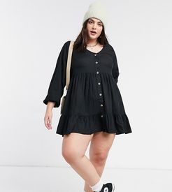 button front tiered smock dress in black