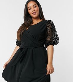 floral organza mini wrap dress in black