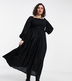 long sleeve shirred detail maxi dress in black