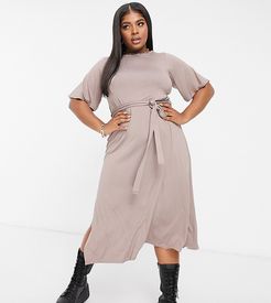 midi dress with tie waist in mocha-Brown