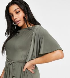 tie waist mini dress in khaki-Green