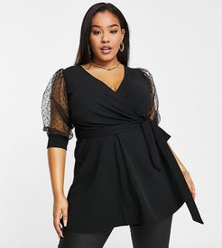 wrap blouse with organza sleeves in black