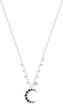 14K White Gold Blue Sapphire & Diamond Moon Pendant Necklace, 18