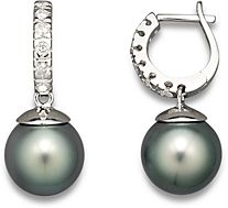 Diamond Hoop Earrings with Tahitian Pearls, 9mm