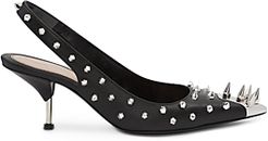 Pointed Toe Studded Leather High Heel Slingback Pumps