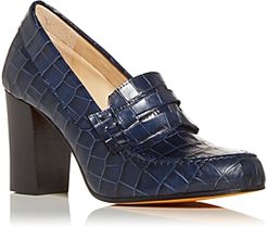 Clint Croc Embossed High Block Heel Penny Loafers