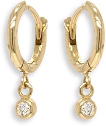 14K Yellow Gold Dangle Diamond Small Hoop Earrings