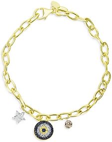 14K Yellow & White Gold Blue Sapphire & Diamond Evil Eye Charm Bracelet