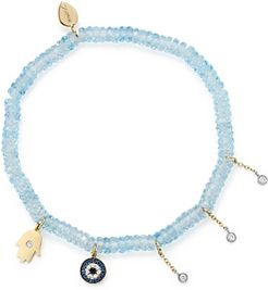 14K White & Yellow Gold Evil Eye & Hamsa Hand Charm Beaded Stretch Bracelet with Blue Topaz & Sapphire