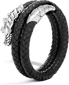 Sterling Silver Legends Naga Double Coil Bracelet with Braided Black Leather & Sapphire Eyes