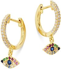 14K Gold Rainbow Gemstone & Diamond Huggie Hoop Dangle Drop Earrings