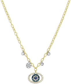 14K Yellow and White Gold Evil Eye Charm Necklace with Blue and White Diamonds and Sapphires, 18