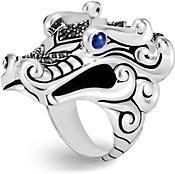 Sterling Silver Naga Ring with Black Sapphire, Black Spinel and Blue Sapphire Eyes