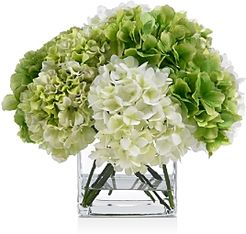 Blooms Green & White Hydrangea Faux Floral Arrangement in Glass Cube