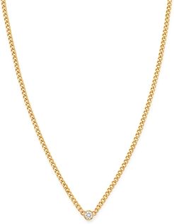 14K Yellow Gold Bezel Diamonds Curb Chain Pendant Necklace, 14-16